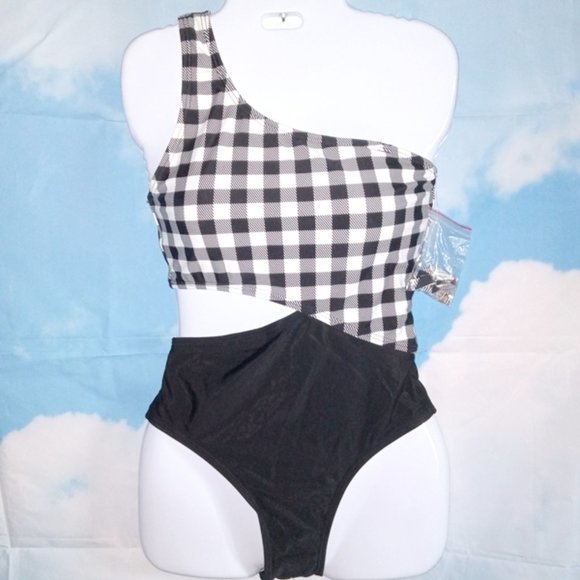 1-piece 1-shoulder cutout Black & White plaid Women’s Monokini size Small NEW - Picture 3 of 4